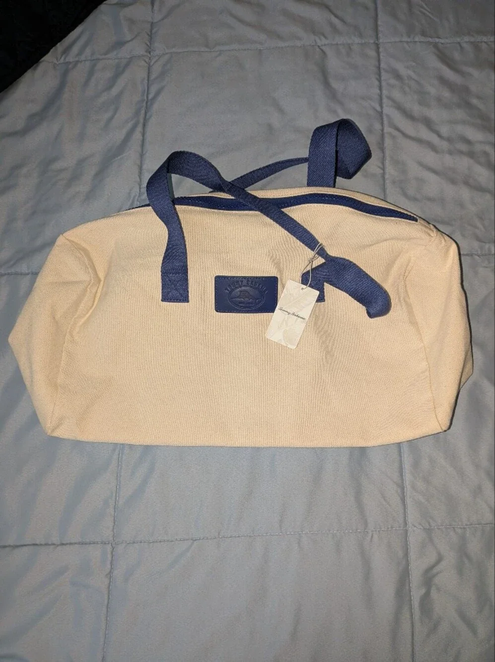 Tommy Bahama Cream Canvas Duffel with Blue Accents NWT
